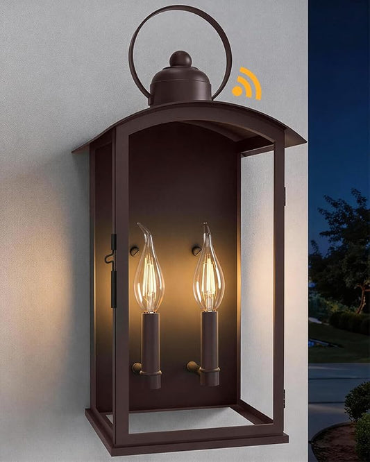 19.7IN Dusk to Dawn Outdoor Wall Light Fixtures,Reddish Brown Exterior Lanterns Waterproof, Large Porch Sconces Wall Mounted Lighting, Modern Front Open Window Wall Lamps for House, Patio