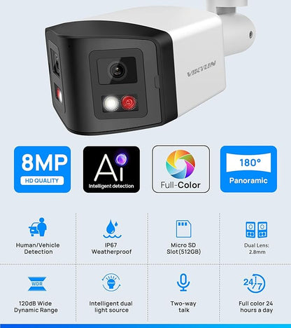 VIKYLIN 180° Dual-Lens 4K 8MP PoE IP Security Panoramic Bullet Camera,Two Way Audio, AI Human Vehicle Detection Trigger Color Night Vision, SD Card (512GB),NDAA Complaint