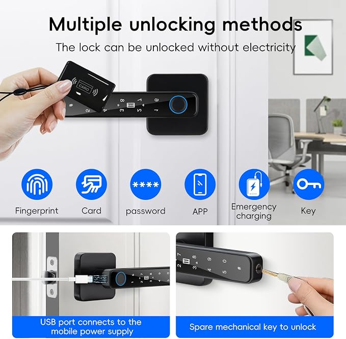Smart Door Knob with Key & Keypad, Biometric Fingerprint Door Lock