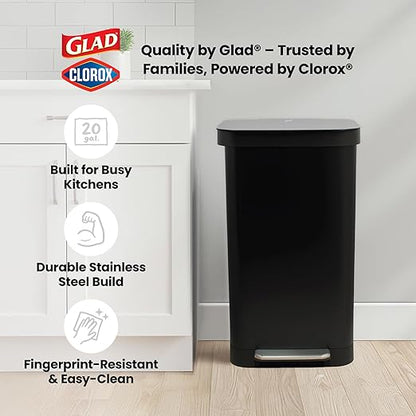 Glad Stainless Steel Step Trash Can, Series 2 with Clorox Protection - Large Black Kitchen Garbage Bin with Soft Close Lid, Foot Pedal and Waste Bag Roll Holder, 20 Gallon