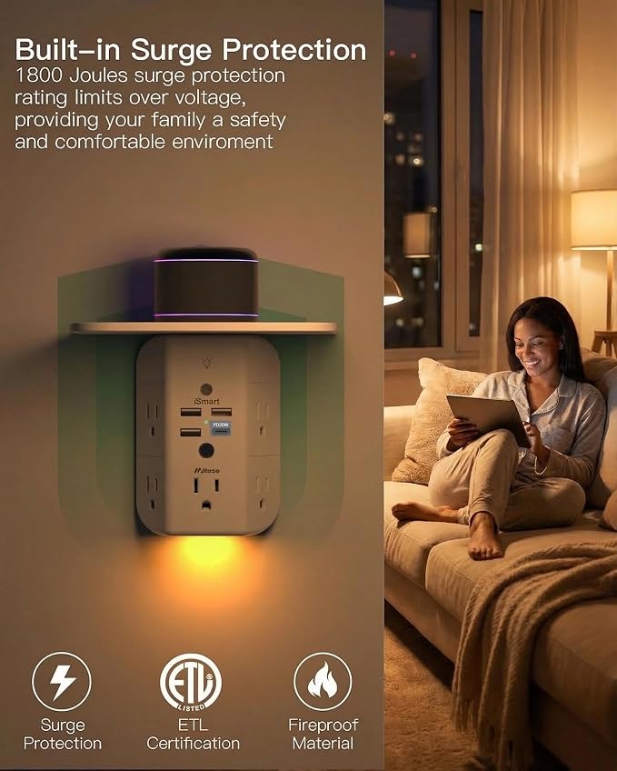 Mifaso PD20W Outlet Extender with Shelf & Night Light, Surge Protector | 5 AC Outlets, 3 USB-A, 1 USB-C, 3-Sided Wide-Space, Multi-Plug Outlet Splitter, 1800J, Ideal for Office, Dorm, RV, Travel