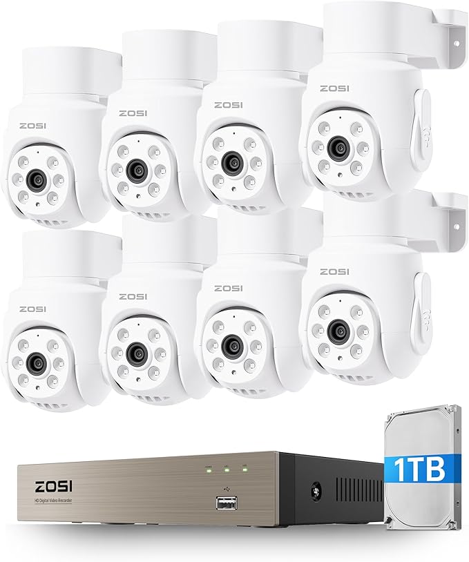 ZOSI 5MP Wired Security Camera System, 8pcs 1080p 360° Pan/Tilt Weatherproof Cameras, Audio Recording, AI Human Vehicle Detection, Night Vision, H.265+ 8CH Home DVR with 1TB HDD for 24/7 Surveillance