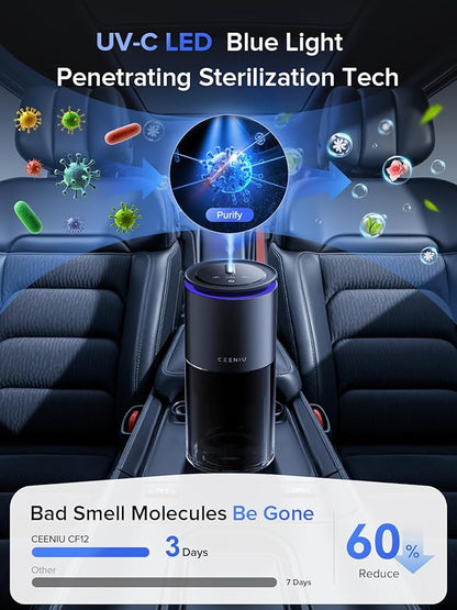Ceeniu Car Air Freshener, Smart Ultrasonic Diffuser CF12 Pro, Enlarged Spray Nozzle, Auto On/Off, Adjustable Mode, 60-Day Powerful Battery, Ambient Light, Premium Bamboo Forest Scent, Lasts 4 Months