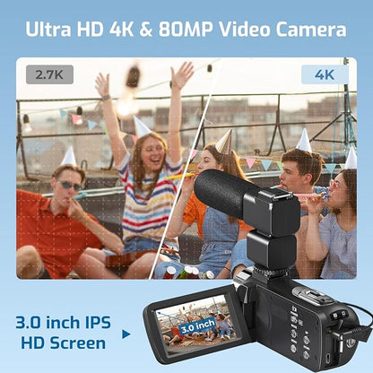 Camcorder Video Camera 4K 80MP Ultra HD Vlogging Camera for YouTube 18X Digital Zoom IR Night Vision 3.0" IPS Screen Video Recorder With Handheld Stabilizer, Microphone, 32G SD Card and Remote Control
