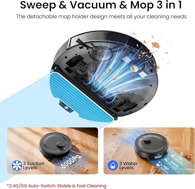 Lefant LiDAR Robot Vacuum and Mop Combo,75-Days Self-Emptying,6000Pa Powerful Scution,Multi-Floor Mapping, No-Go Zones,140 Min Runtime,2.4G/5G WiFi/Alexa/APP/iWatch,M2 Plus Black