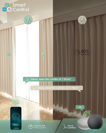 Yoolax Motorized Curtains with Remote, Blackout Curtains with Voice Control, Smart Retractable Shades for Living Room, Bedroom, Compatible with Alexa Google Home, APP Control, Custom Size,Champagne