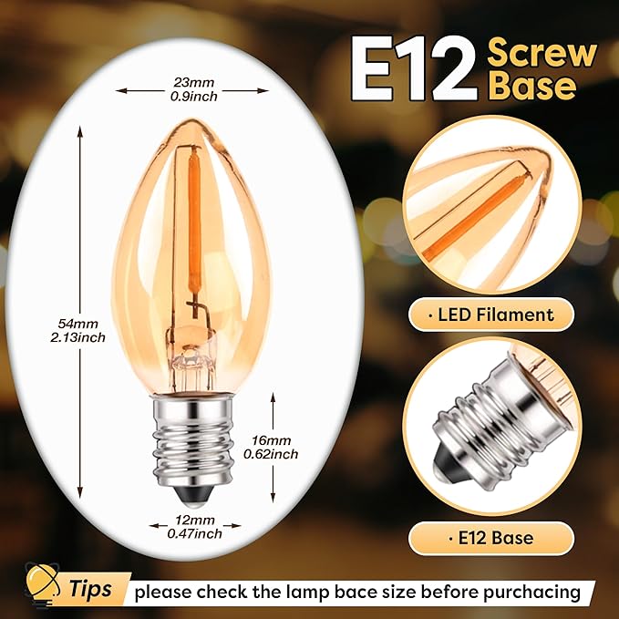 C7 LED Night Light Bulbs, 0.5W E12 Candelabra Base Candle Light Bulb Equivalent 5W/7W Incandescent Bulb Warm White 2200K , Mini Light Bulbs for Chandelier Nightlight Salt Lamp Window Bulbs, 6-Pack