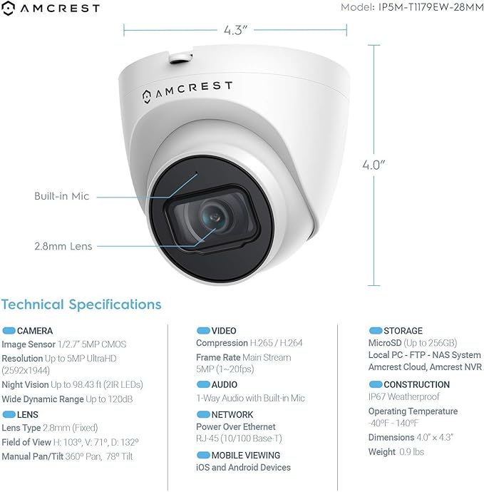 Amcrest 5MP Security Camera System, 4K 8CH PoE NVR, (4) x 5-Megapixel 2.8mm Wide Lens Weatherproof Metal Turret PoE IP Cameras, Built in Mic, Hard Drive Not Included, NV4108E-T1179EW4 (White)