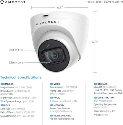 Amcrest 5MP Security Camera System, 4K 8CH PoE NVR, (4) x 5-Megapixel 2.8mm Wide Lens Weatherproof Metal Turret PoE IP Cameras, Built in Mic, Hard Drive Not Included, NV4108E-T1179EW4 (White)