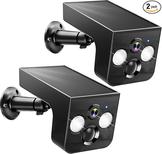 Solar Security Cameras Wireless Outdoor, 2K Battery Powered, Cloud/SD Storage, Built-in Solar, IP65 Waterproof, AI Motion, Color Night Vision, Outside WiFi Cameras for Home Security 2-Pack