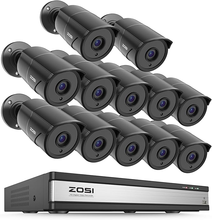 ZOSI 16CH 3K Lite Security Camera System with Audio, AI Human/Vehicle Detection, Night Vision, 12 x 1080P Metal Weatherproof Wired Cameras, 16 Channel Surveillance DVR for 24/7 Recording (NO HDD)