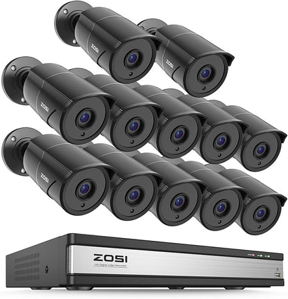 ZOSI 16CH 3K Lite Security Camera System with Audio, AI Human/Vehicle Detection, Night Vision, 12 x 1080P Metal Weatherproof Wired Cameras, 16 Channel Surveillance DVR for 24/7 Recording (NO HDD)