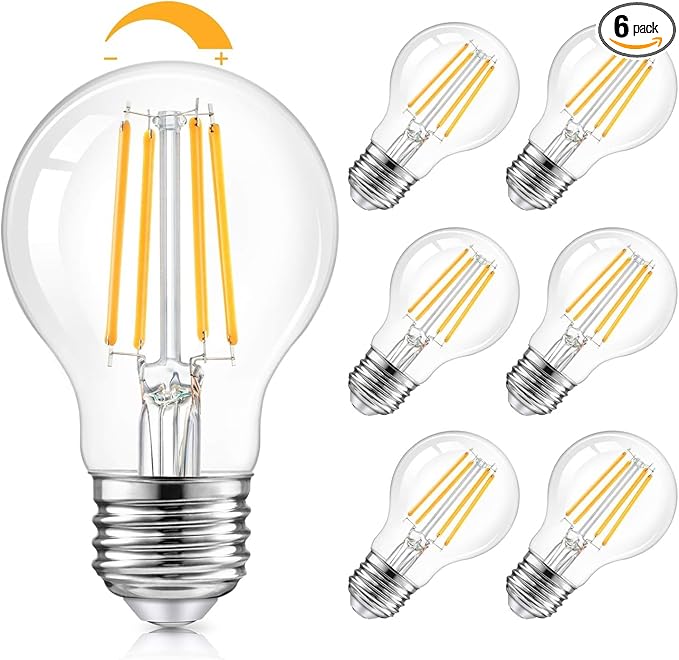 TOBUSA LED A19 Dimmable Light Bulbs 100W Equivalent, Vintage E26 Edison Bulbs 8W 1200LM, 2700K Soft Warm White, Clear Antique LED Filament Bulb for Home, Bathroom, Indoor&Outdoor, 6-Pack