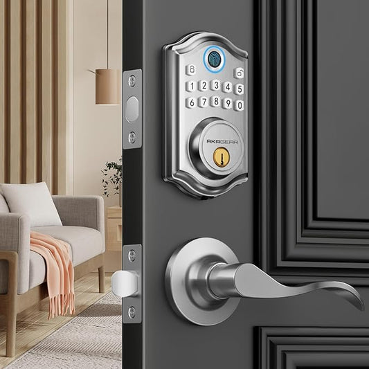 AkaGear DS10 Keyless Entry Door Lock with 2 Lever Handle, Fingerprint, Keypad Code, 2 Keys, Smart Locks for Front Door, Bedroom, One-time Code, Auto-Lock, Easy Installation - Satin Nickel