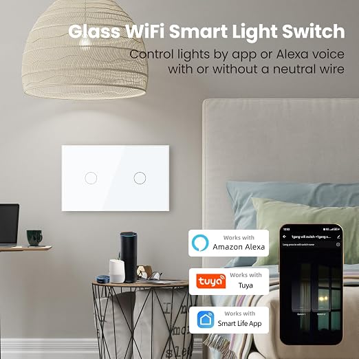 Smart Switch Neutral Wire Optional,APP Control,White 2 Button | 4.65 X 2.83 X 1.34 Inches,Only 2.4GHz Wi-Fi,Voice Control,Work with Tuya/Smart Life/Alexa,Tempered Glass Panel