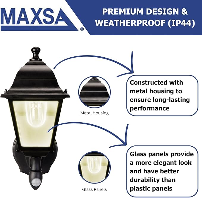 MAXSA 43319-RS Battery-Run Motion-Activated Outdoor Metal Sconce Black