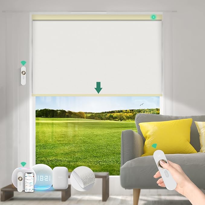Motorized Blinds with Remote [100% Blackout & Silent Motor] Smart Blinds Compatible with Alexa Google HomeKit, Electric Roller Shades for Indoor Windows, Customized Size, Shimmer Ivory White