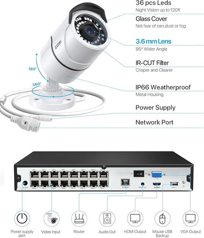 ZOSI 16Channel 4K PoE Home Security Cameras System,8MP 16CH H.265 CCTV NVR with Hard Drive 4TB and 16 x 5MP Surveillance PoE IP Cameras Indoor Outdoor,120ft Night Vision,Remote Access,24/7 Recording