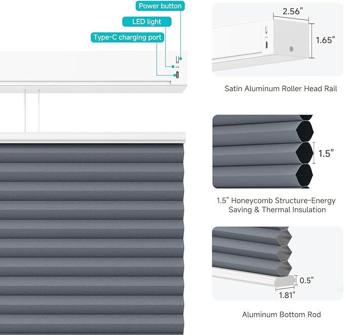 Motorized Top Down Bottom Up Blackout Cellular Shades with Remote, Custom Cordless Smart Honeycomb Blinds, Automatic Electric Window Blinds Work with Alexa Google for Home Office, Grayish Blue