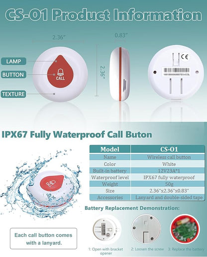 Wireless Calling System Wireless Caregiver Pager Call Button Nurse Alert System with 1 Waterproof Caregiver Watch/5 Call Buttons for Elderly/Patient/Disable at Home