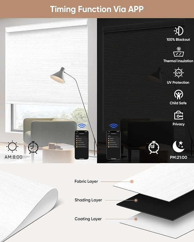Motorized Blinds with Remote: Kincmo 100% Blackout Roller Shades Work with Apple Homekit,Alexa,Google Home, Customized Electric Blinds with App,Voice Control (100% Blackout Serene White)