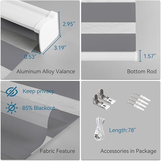 Interior Window Shades, Smart Dual Layer Light Filtering Blinds Compatible with Alexa & Google Home, Customized Size Cordless Electric Window Shades, (Dark Gray, 85% Blackout)