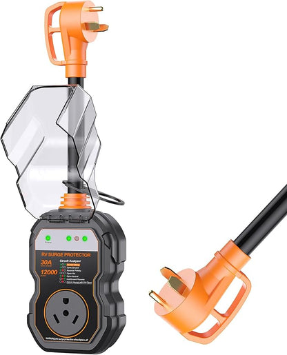 GEARGO 𝟑𝐭𝐡-𝐆𝐞𝐧 RV Surge Protectors 30 Amp, 𝐋𝐚𝐭𝐞𝐬𝐭 RV Circuit Analyzer, IP68 Surge Voltage Protection, RV Adapter Plug for Camper (Orange)