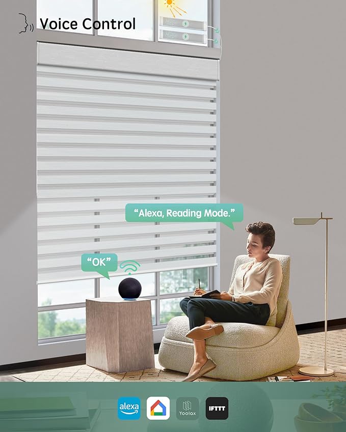 Yoolax Smart Dual Roller Shades, Motorized Blinds with Remote Smart Zebra Shades Compatible with Alexa, Blackout & Room Darkening Automatic Blinds for Windows (Zebra Layer White)