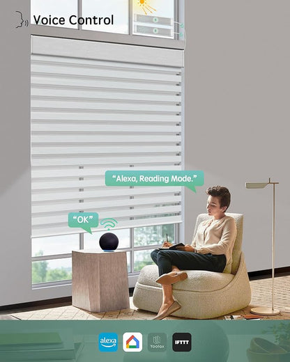Yoolax Smart Dual Roller Shades, Motorized Blinds with Remote Smart Zebra Shades Compatible with Alexa, Blackout & Room Darkening Automatic Blinds for Windows (Zebra Layer White)