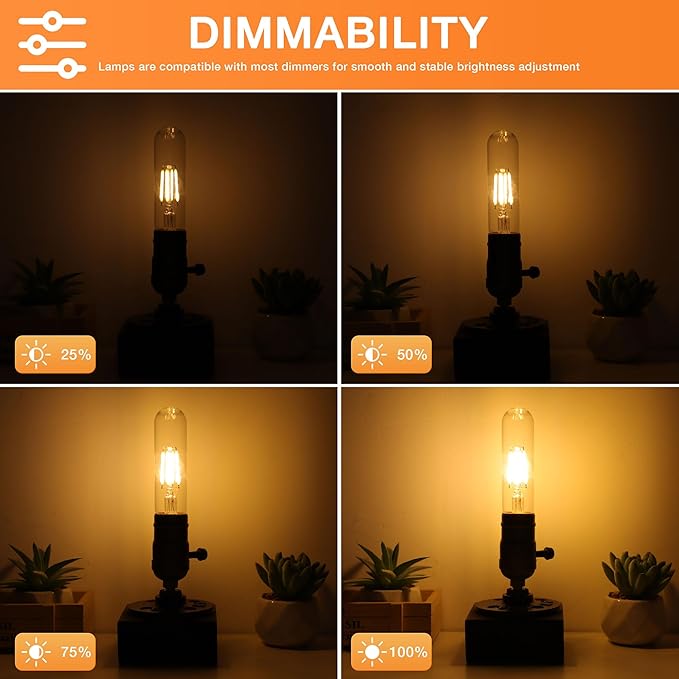 ToBeGreat T30 Light Bulbs 4 Watt Equivalent 40W Bulb E26 Tubular Bulbs T10 LED Bulb Warm White 2700K,Desk Lamp,Bedbroom Bathroom,6 Pack