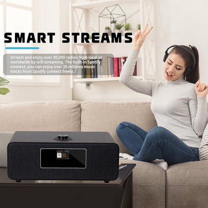 MS3 Stereo Smart Music System with Internet Radio, FM Digital Radio,Clock Radio,Spotify Connect,Bluetooth Speaker,WiFi Speaker,Headphone-Out,Alarms,Presets,Remote and App Control–Black Oak
