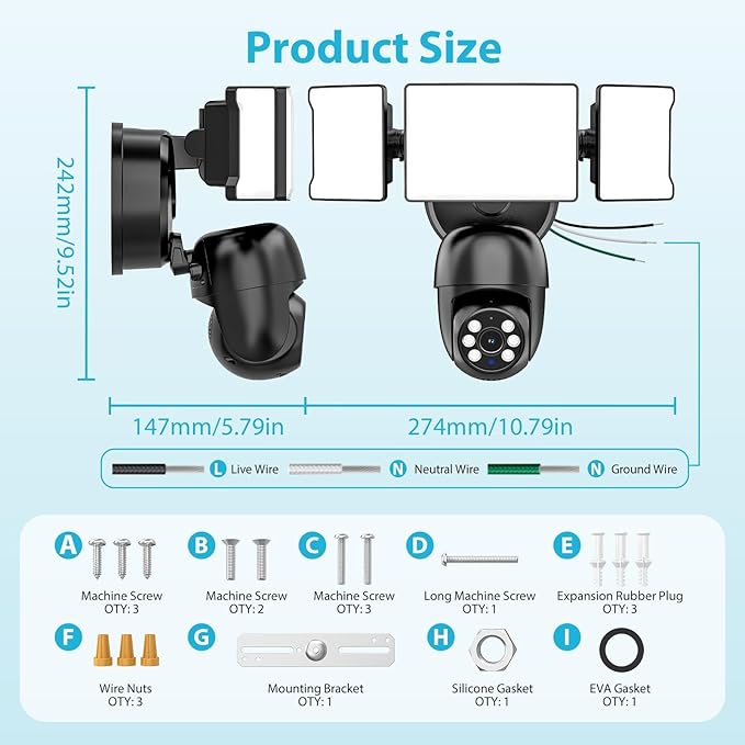 Olafus Floodlight Camera Outdoor，5500LM Motion Sensor Light with Camera，2K HD Home Security Light Wired，Color Night Vision，Two-Way Audio，7/24 Record，Compatible with Alexa/Google (Black)