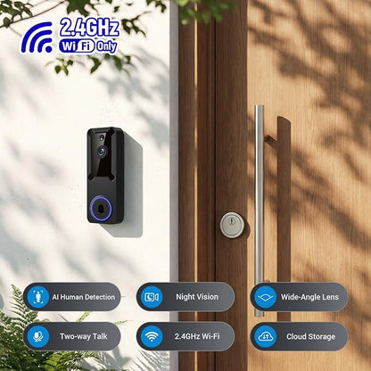 Wireless Wi-Fi Surveillance Cameras, Doorbell Camera with Two Way Audio, AI Human Detection, 2-Way Talk,Night Vision and Cloud Storage, 2.4G Wi-Fi Only