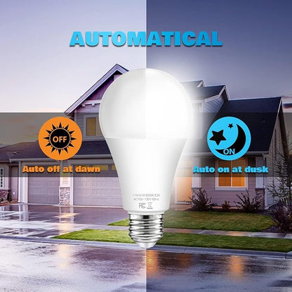 Dusk to Dawn Light Bulbs Outdoor 100 Watt Equivalent, 11W Automatic On/Off Sensor Light Bulb Daylight 5000K, A19 Outdoor LED Light Bulbs Photocell for Porch Garage Yard Security, E26 Base, 12-Pack