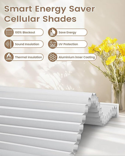 Kincmo Motorized Cellular Shades, Custom Motorized Blinds with Remote, Cordless Smart Electric Honeycomb Blinds Work with Apple HomeKit, Alexa, Google (100%-Blackout-Single-Cell White)