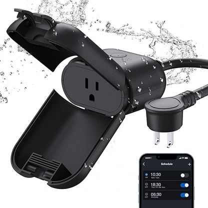 ELEGRP PQR10 Outdoor Smart Plug Waterproof IP66, WiFi Plug Compatible with Alexa & Google Assistant, Smart Outdoor Outlet for String Lights, No Hub Required, 1875 Max, UL Certified, 1 Pack, Black