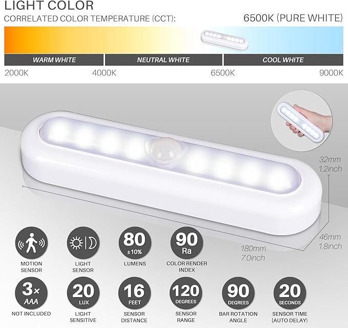STAR-SPANGLED 9 Pack 7” Motion Sensor Lights Indoor Battery Operated, Stick on LED Light for Closet, Stairs, Under Cabinet, Cool White