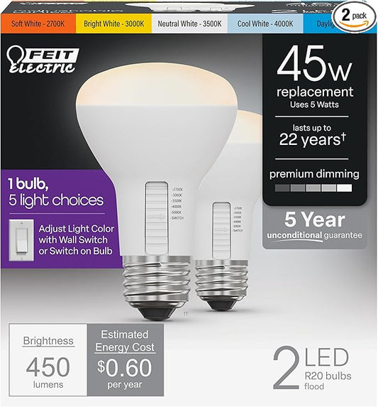 Feit Electric R20 LED Light Bulb, 45W Equivalent, Dimmable, Color Selectable 6-Way, 5CCT, E26 Medium Base, 90 CRI, 450 Lumens, Damp Rated Track or Spot Light, 22-Year Lifetime, R20DM/6WYCA/2, 2 Pack