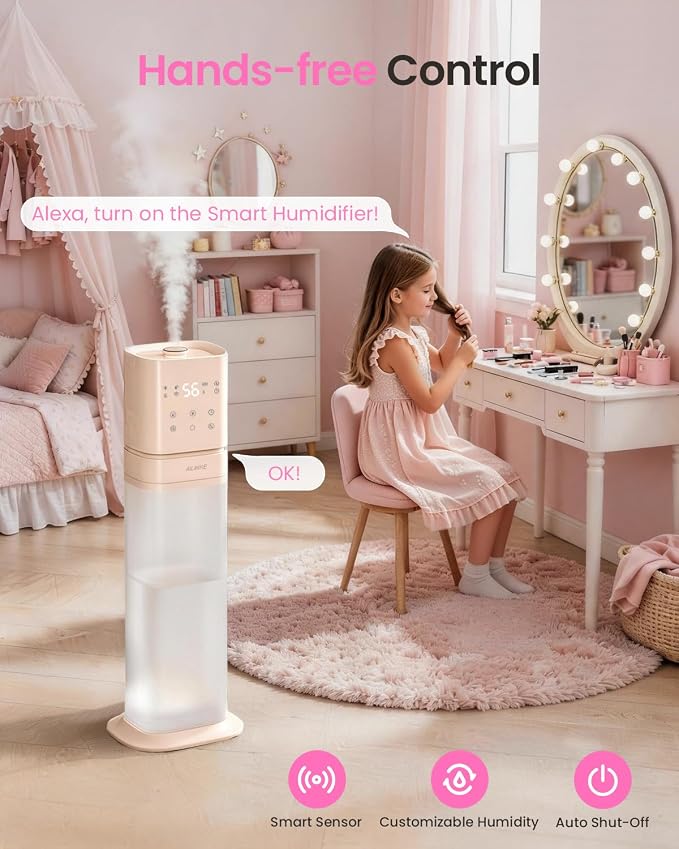 Humidifiers for Bedroom 2.1Gal/8L, Smart Humidifier for Large Room, Cool Mist Humidifiers for Home Kids Baby Plants, Top Fill Humidifier with Extension Tube, WIFI APP & Voice Control, Pink
