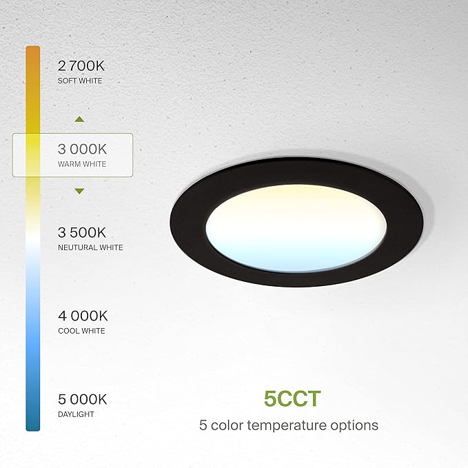 ASD 6 Pack LED Recessed Lighting 4 Inch, 5 CCT 2700K-5000K CRI90+, 12W 50W Eqv, Ultra Thin Dimmable Ceiling Lights with J Box, Canless Wafer Downlight, Round Slim Panel Light, UL Energy Star, Black