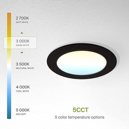 ASD 6 Pack LED Recessed Lighting 4 Inch, 5 CCT 2700K-5000K CRI90+, 12W 50W Eqv, Ultra Thin Dimmable Ceiling Lights with J Box, Canless Wafer Downlight, Round Slim Panel Light, UL Energy Star, Black