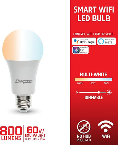 Energizer Connect Smart A19 LED Warm White Light Bulb with Voice Control and Remote Access Through Your Smartphone | Compatible with Alexa and Google Assistant, 4 Pack