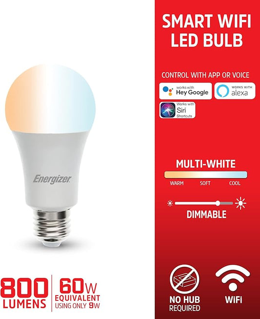 Energizer Connect Smart A19 LED Warm White Light Bulb with Voice Control and Remote Access Through Your Smartphone | Compatible with Alexa and Google Assistant, 4 Pack