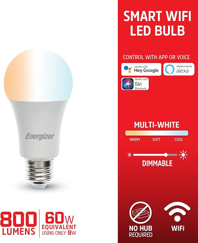 XTREME Energizer Connect Smart A19 LED Multi White Light Bulb with Voice Control and Remote Access Through Your Smartphone | Compatible with Alexa and Google Assistant, 4 Pack