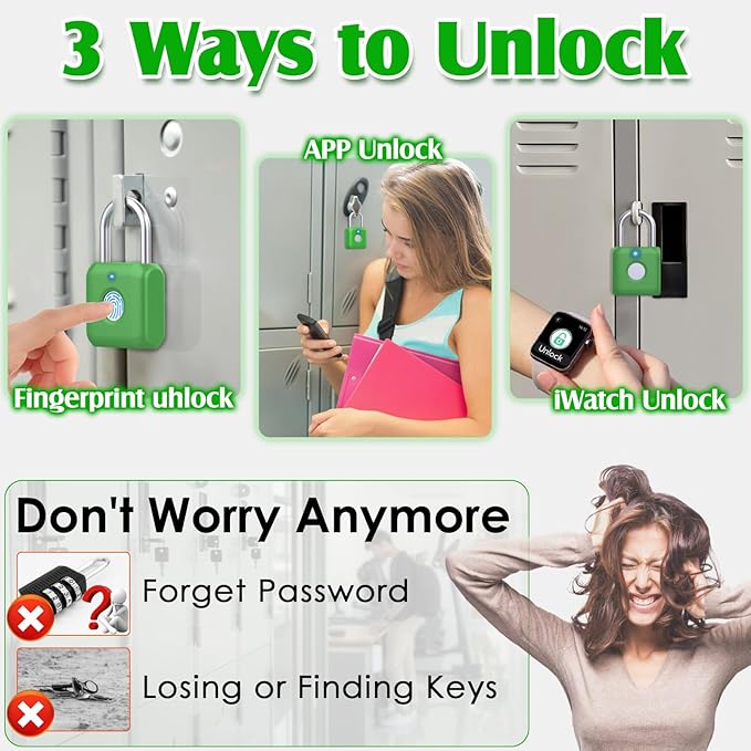 Pothunder Fingerprint Padlock, Smart Padlock, Locker Lock, Combination Lock, Fingerprint Lock with APP Unlock, USB Rechargeable, Suitable for Gym Locker, Locker(Avocado Green)
