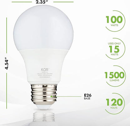 KOR 6 Pack A19 LED Light Bulb, 100W Equivalent, 4000K Cool White, 1500 Lumens, Efficient 15 Watt Replacement Bulbs with E26 Standard Base, 10000 Long Life Hours, Non-Dimmable, 80+ CRI, UL Listed