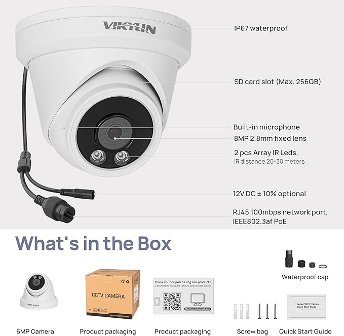 VIKYLIN 4K 8MP IP PoE Camera, Outdoor PoE Security Camera with Motion Detection 2.0, Tripwire, Area Detection, Face Detection, Built in Mic, Starlight 98ft IR Night Vision, N Series Upgrade