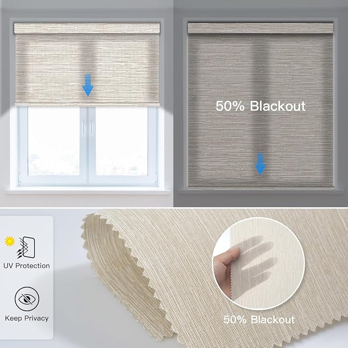 Tokblind Motorized Light Filtering Roller Shade Fabric Covered Valance and Bottom Rod, Remote Control Electric Window Blind Work with Alexa via Hub, Custom Size (Texture Light Coffee - Wrapped Fabric)