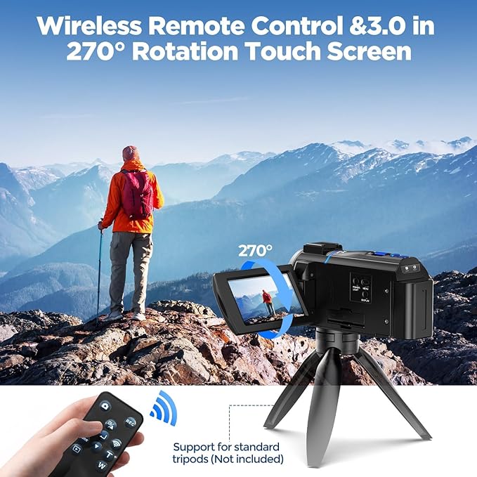 Video Camera Camcorder 4K 30fps 48MP with IR Night Vision, 16X Digital Zoom Cam Corder 3.0" 270° Rotation Touch Screen Video Recorder for YouTube with Remote Control, Battery, 32GB SD Card