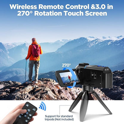 Video Camera Camcorder 4K 30fps 48MP with IR Night Vision, 16X Digital Zoom Cam Corder 3.0" 270° Rotation Touch Screen Video Recorder for YouTube with Remote Control, Battery, 32GB SD Card